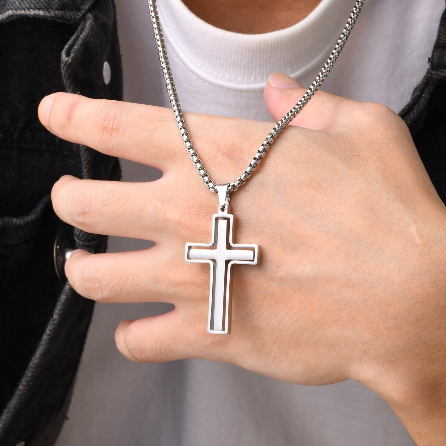 Herrenkette mit Anhänger Kreuz schwarz oder silber KARMA