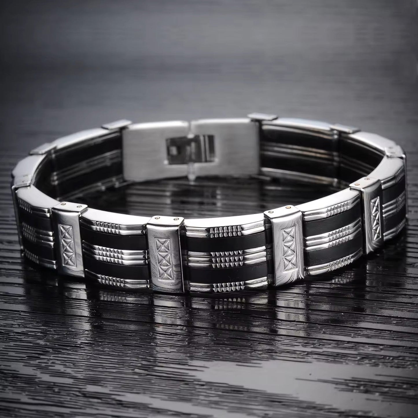 Armband für Herren Silber schwarz Edelstahl KARMA