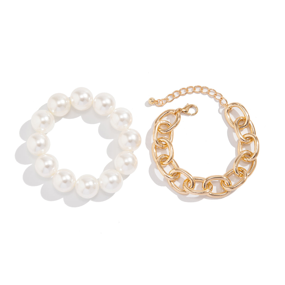 Armbandset Perlenarmband und Metallarmband Weiß Gold Karma