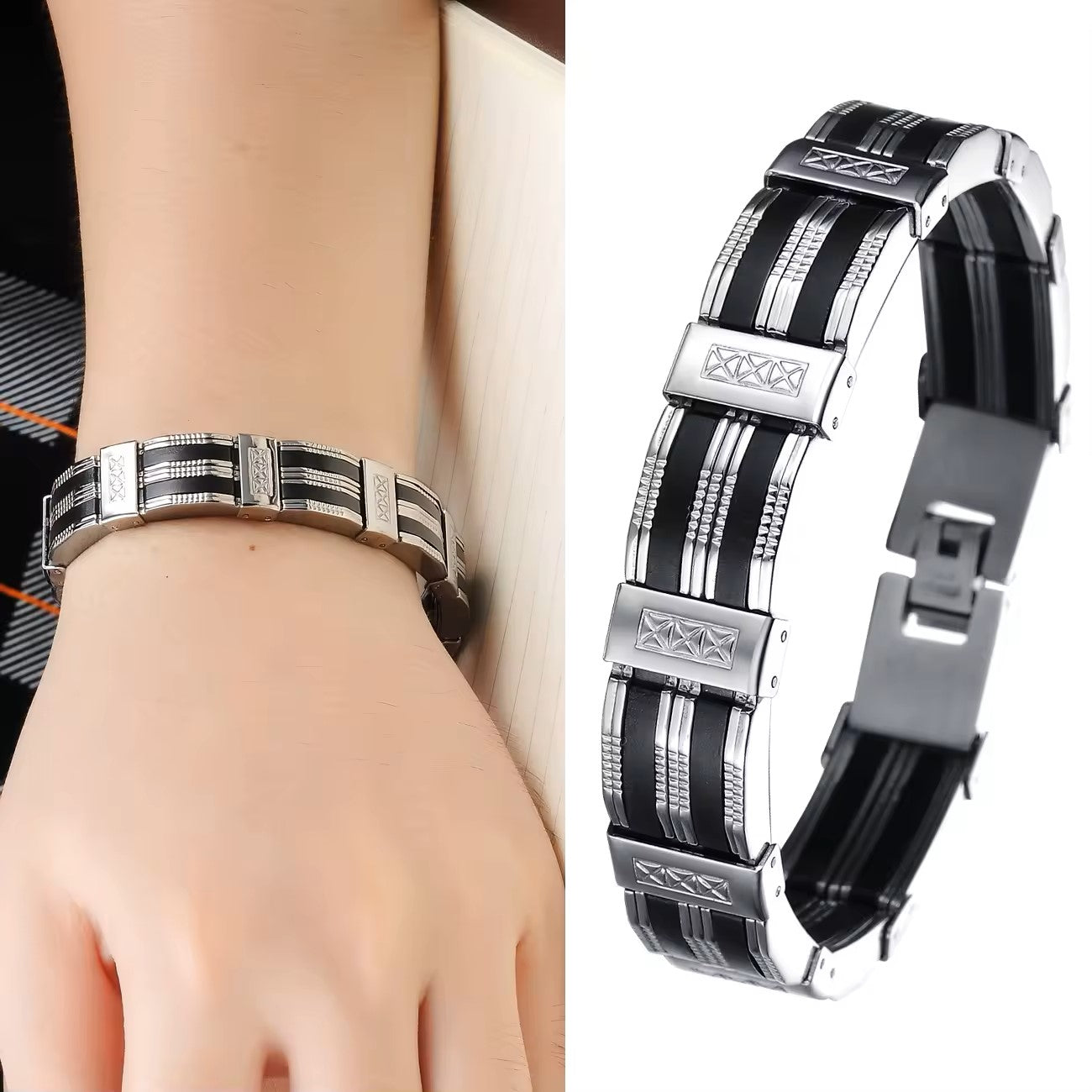 Armband für Herren Silber schwarz Edelstahl KARMA