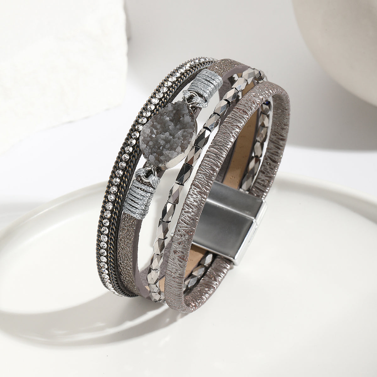 Lederarmband mehrreihig Damen grau KARMA