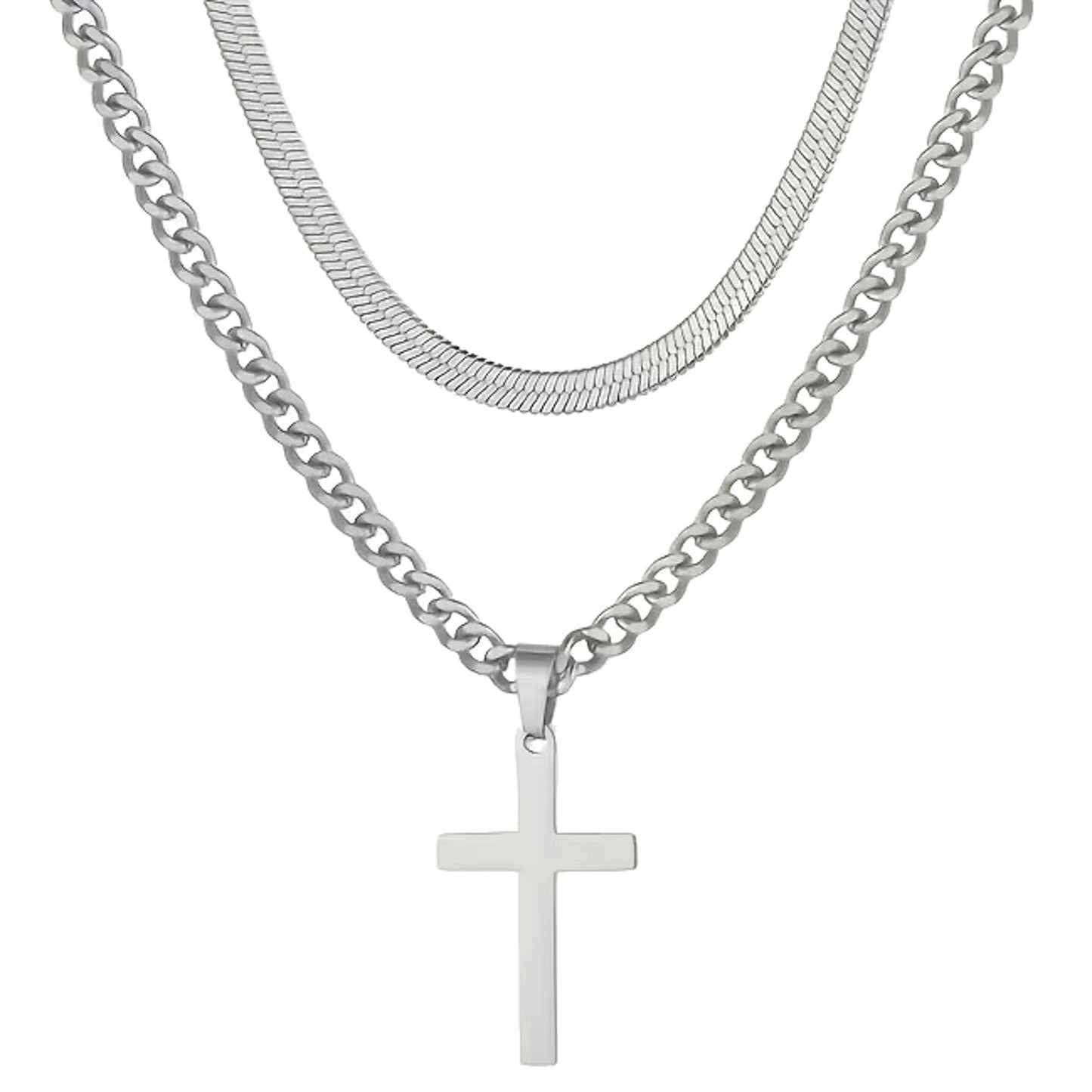 2er Set Ketten Herren Kreuz Schlangenkette Silber Edelstahl wasserfest rostfrei hypoallergen Karma