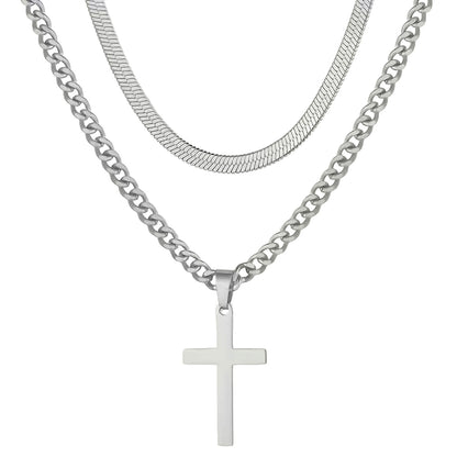 2er Set Ketten Herren Kreuz Schlangenkette Silber Edelstahl wasserfest rostfrei hypoallergen Karma