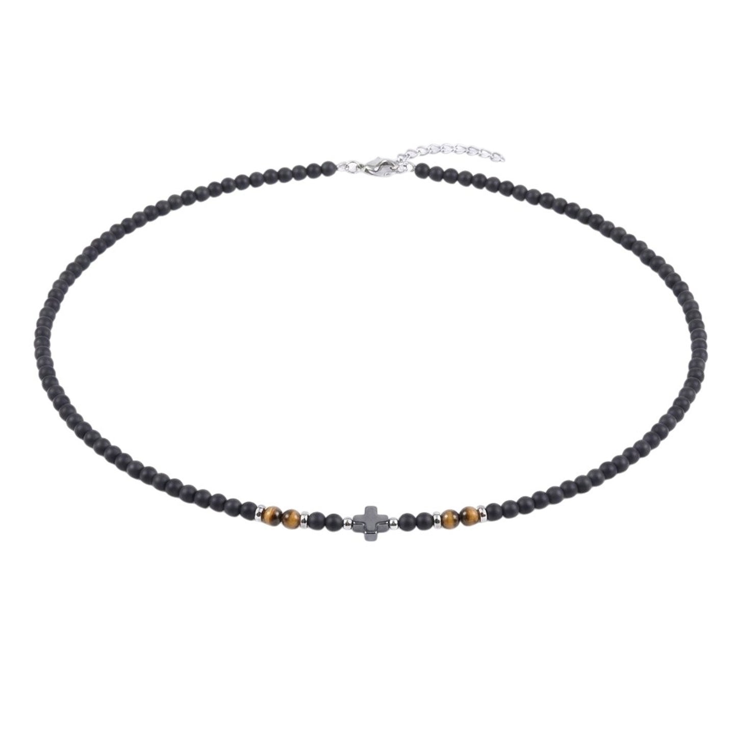 Perlenkette Kreuz Herren Schwarz 50 cm Edelstahl Tigerauge Kette Halskette Karma