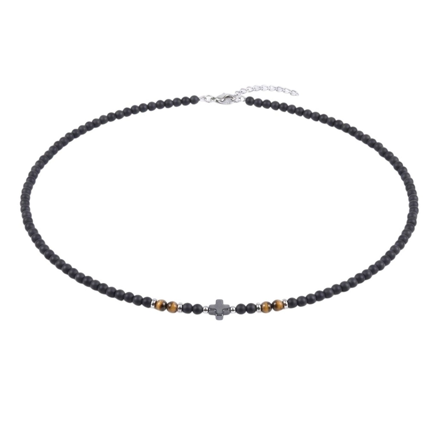 Perlenkette Kreuz Herren Schwarz 50 cm Edelstahl Tigerauge Kette Halskette Karma