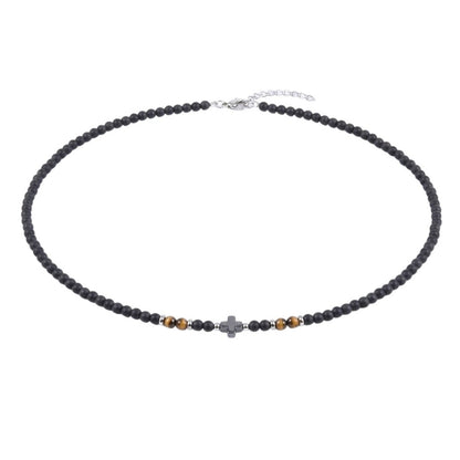 Perlenkette Kreuz Herren Schwarz 50 cm Edelstahl Tigerauge Kette Halskette Karma