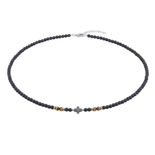 Perlenkette Kreuz Herren Schwarz 50 cm Edelstahl Tigerauge Kette Halskette Karma
