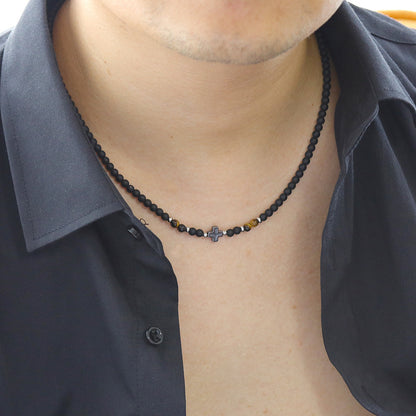Perlenkette Kreuz Herren Schwarz 50 cm Edelstahl Tigerauge Kette Halskette Karma