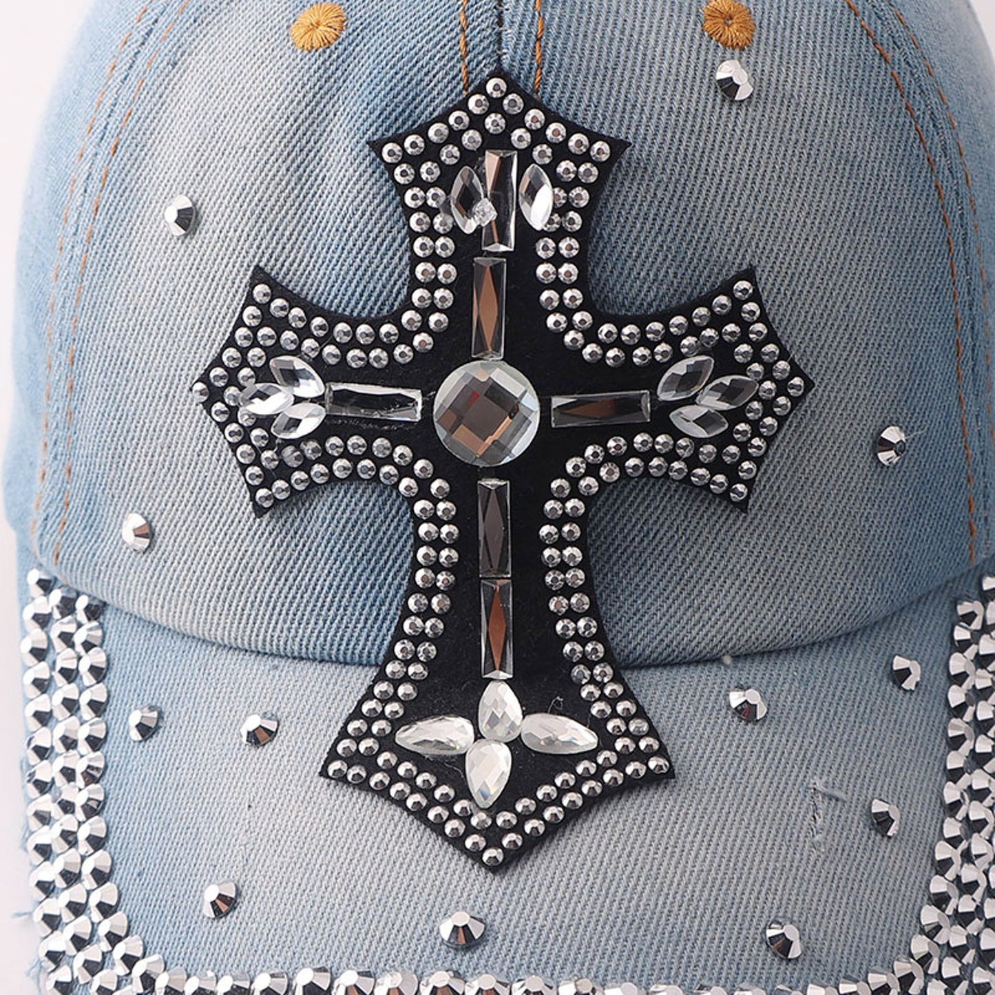 Basecap Kreuz Damen Jeansblau Hellblau Baumwolle Kristalle Kappe Karma