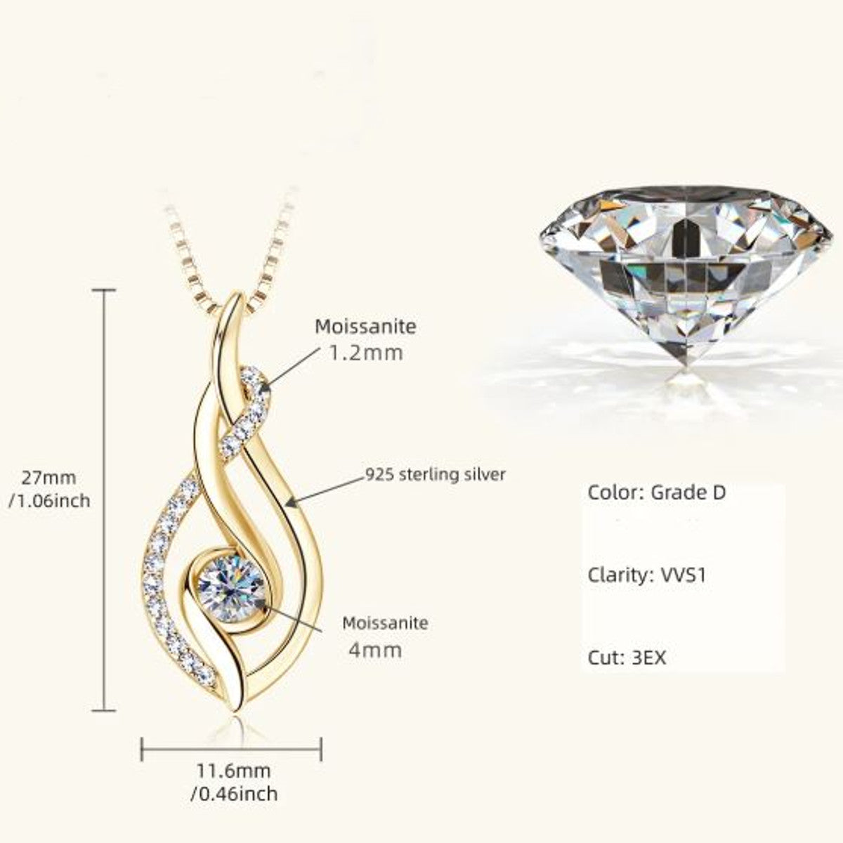 Halskette Moissanite mit Anhänger Silber oder Gold in Box Karma