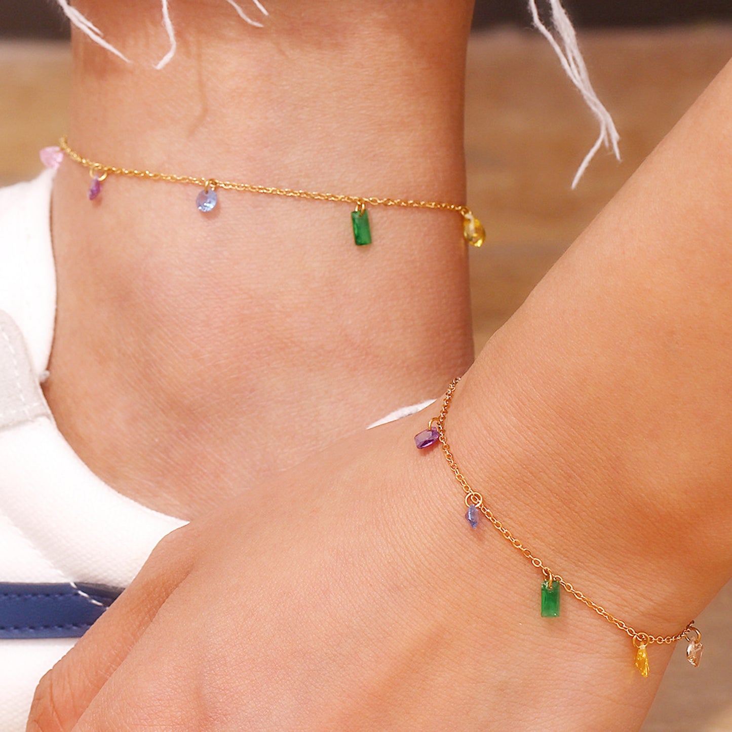 Schmuckset Fußkette und Armband Gold Kristalle Edelstahl