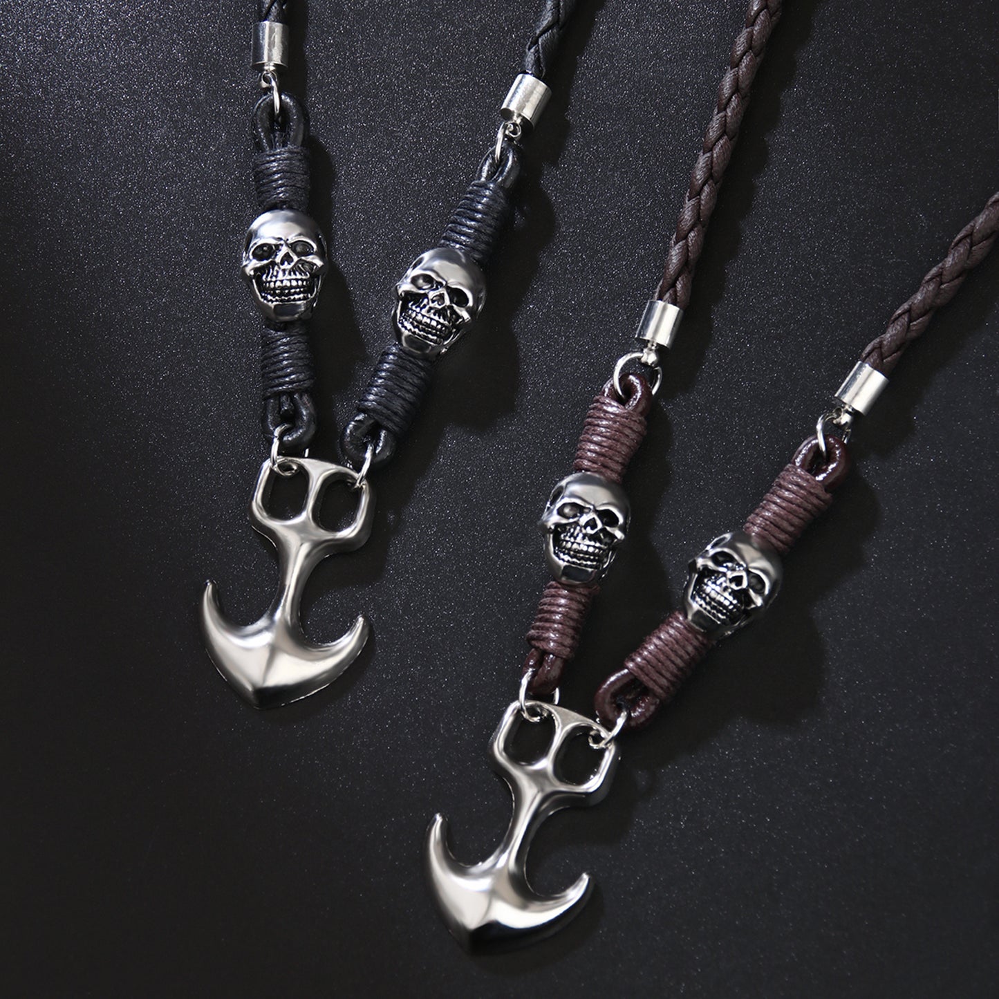 Kette Herren Anker Totenkopf Schwarz Leder Ankerkette Totenkopfkette Karma
