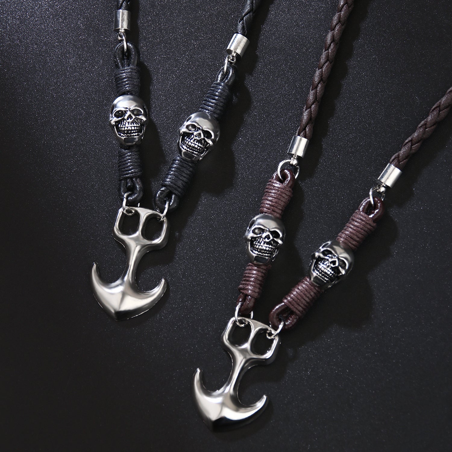 Kette Herren Anker Totenkopf Schwarz Leder Ankerkette Totenkopfkette Karma