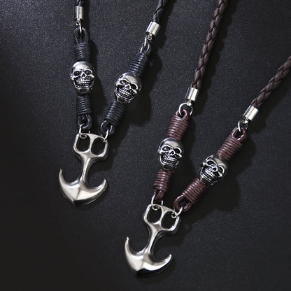 Kette Herren Anker Totenkopf Braun Leder Ankerkette Totenkopfkette Karma