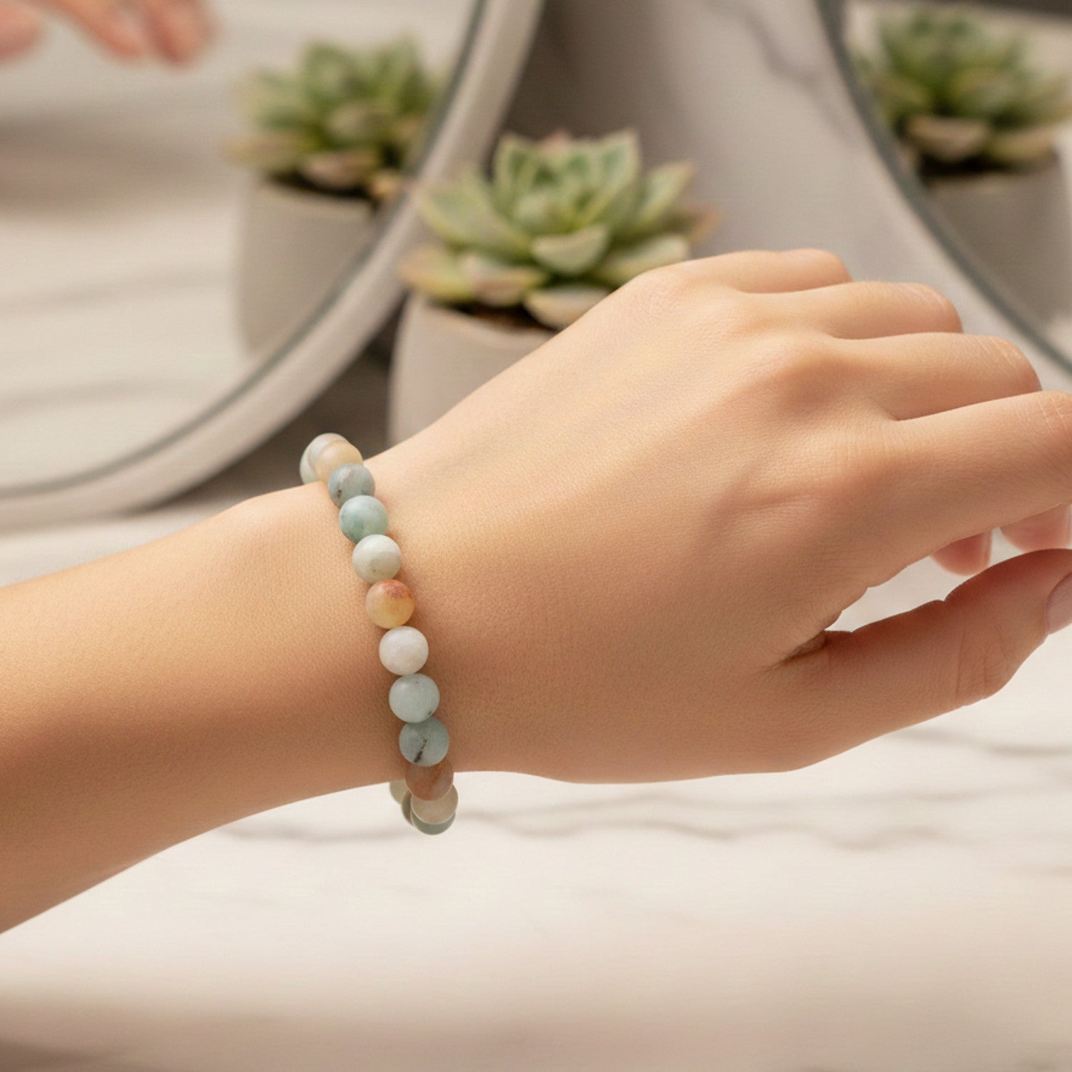 Naturstein Armband Grün Damen dehnbar Perlenarmband Steinarmband Karma