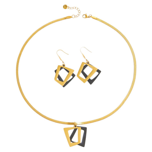 Schmuckset Gold Schwarz Ohrringe und Halskette Edelstahl wasserfest hypoallergen rostfrei Karma