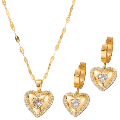 Schmuckset Herz Gold Halskette und Ohrringe Edelstahl Zirkone wasserfest hypoallergen rostfrei Karma