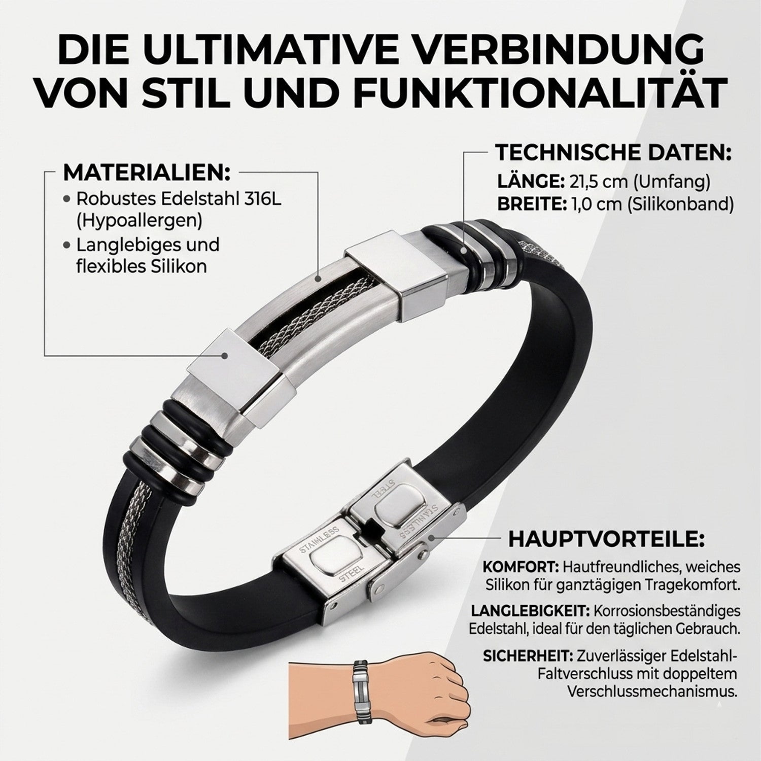 Armband Herren Gold Schwarz 21 cm Silikon Edelstahl modern Karma
