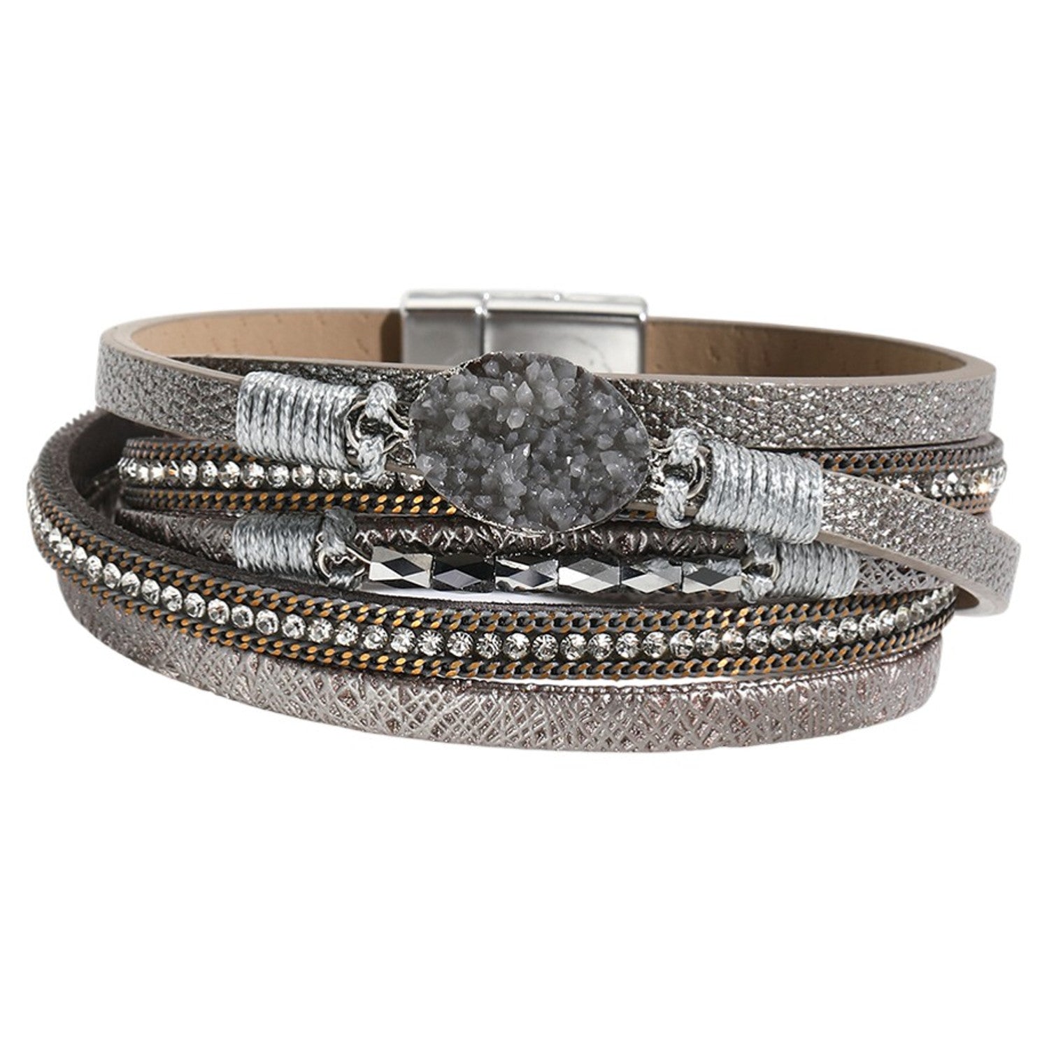 Wickelarmband Damen Grau PU Leder Zirkon Armband Karma