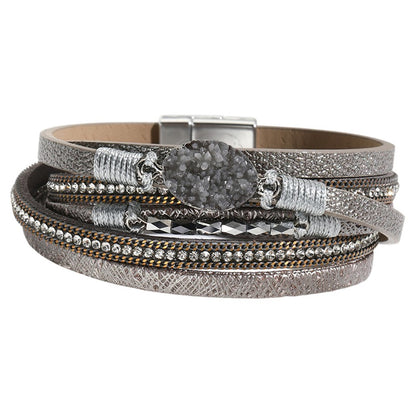 Wickelarmband Damen Grau PU Leder Zirkon Armband Karma