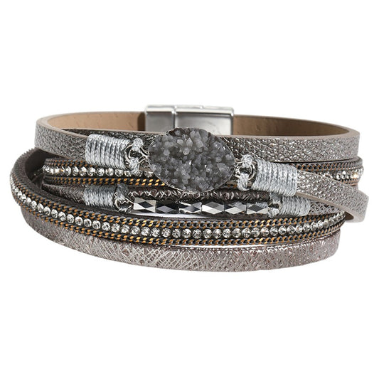 Wickelarmband Damen Grau PU Leder Zirkon Armband Karma