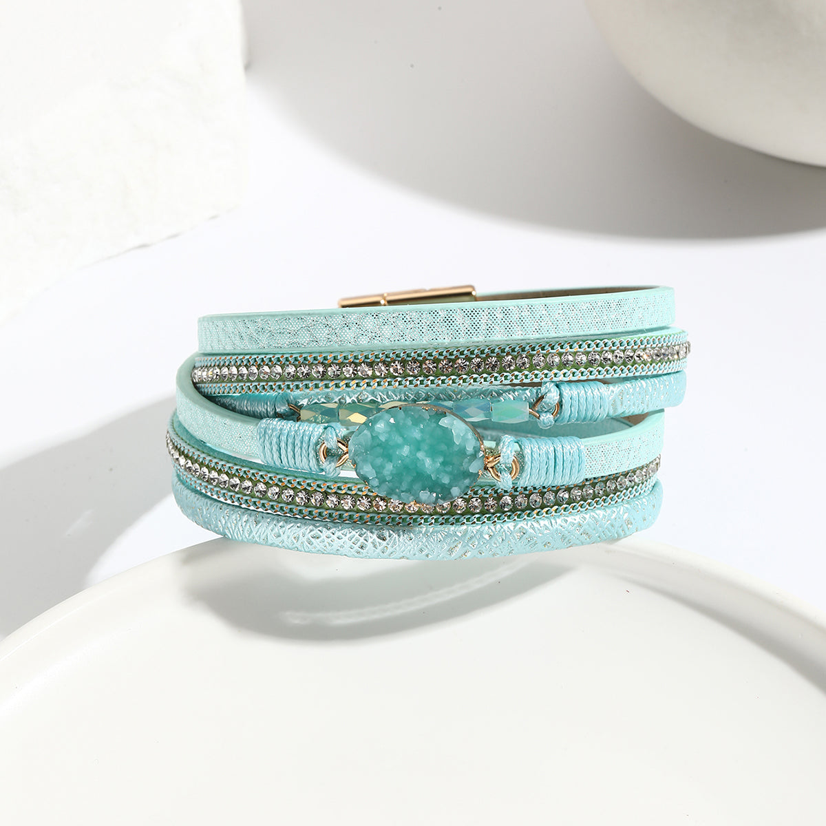 Wickelarmband Damen Türkis PU Leder Zirkon Armband Karma
