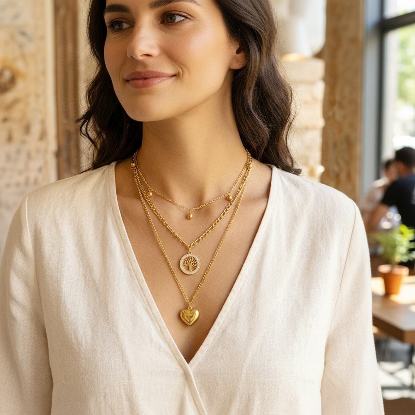 Layering Halskette Herz Lebensbaum Damen Gold Titanstahl Kristalle Karma