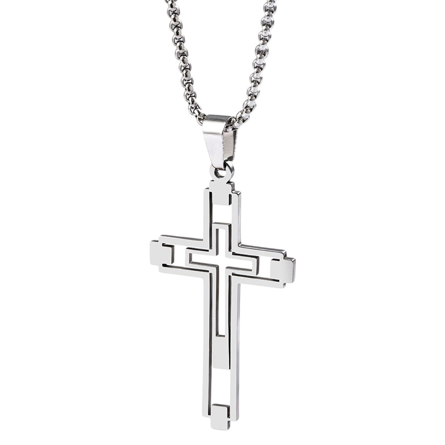 Halskette Kreuz Herren Silber modern 60 cm Edelstahl wasserfest hypoallergen rostfrei Karma
