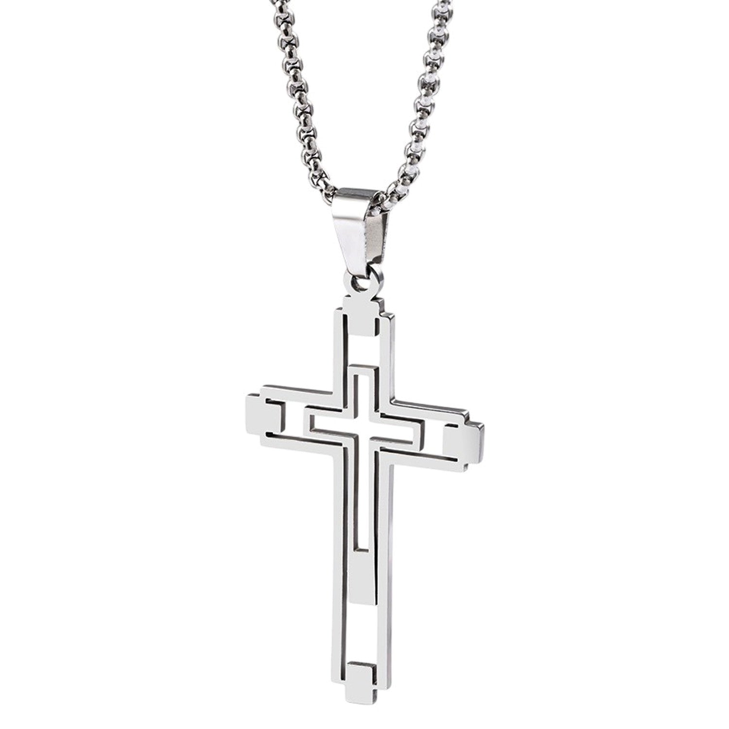 Halskette Kreuz Herren Silber modern 60 cm Edelstahl wasserfest hypoallergen rostfrei Karma