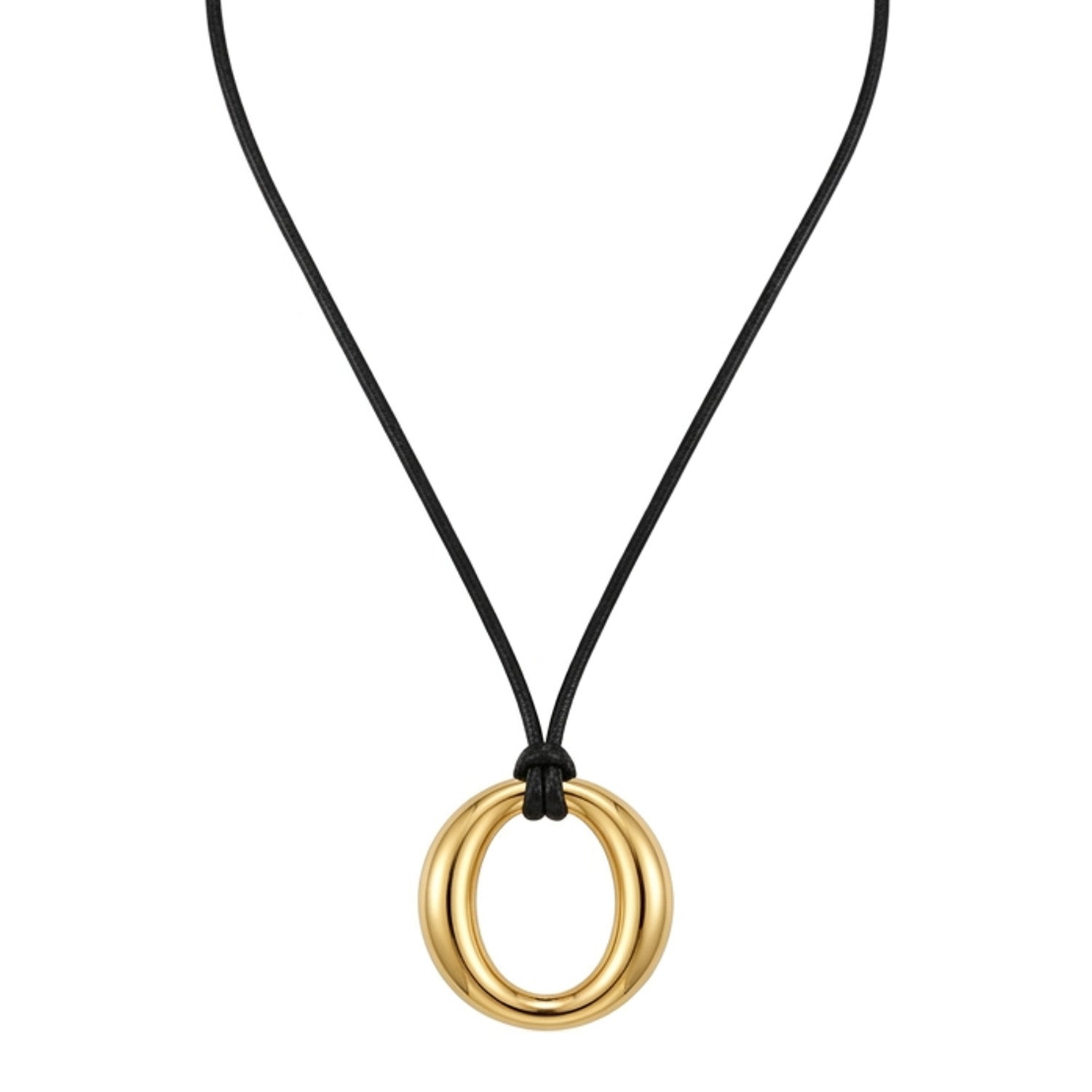 Halskette Schwarz Gold PU Leder Edelstahl vergoldet Kette mit Anhänger Lederkette Karma
