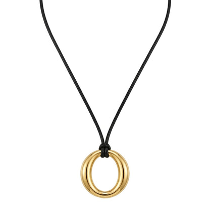 Halskette Schwarz Gold PU Leder Edelstahl vergoldet Kette mit Anhänger Lederkette Karma