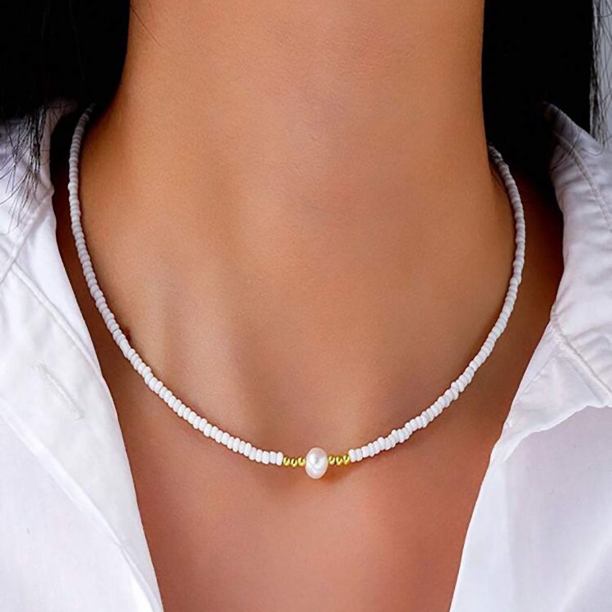 Perlennkette Weiß Zuchtperle 42 cm Damen Kette Eelstahl vergoldet Karma