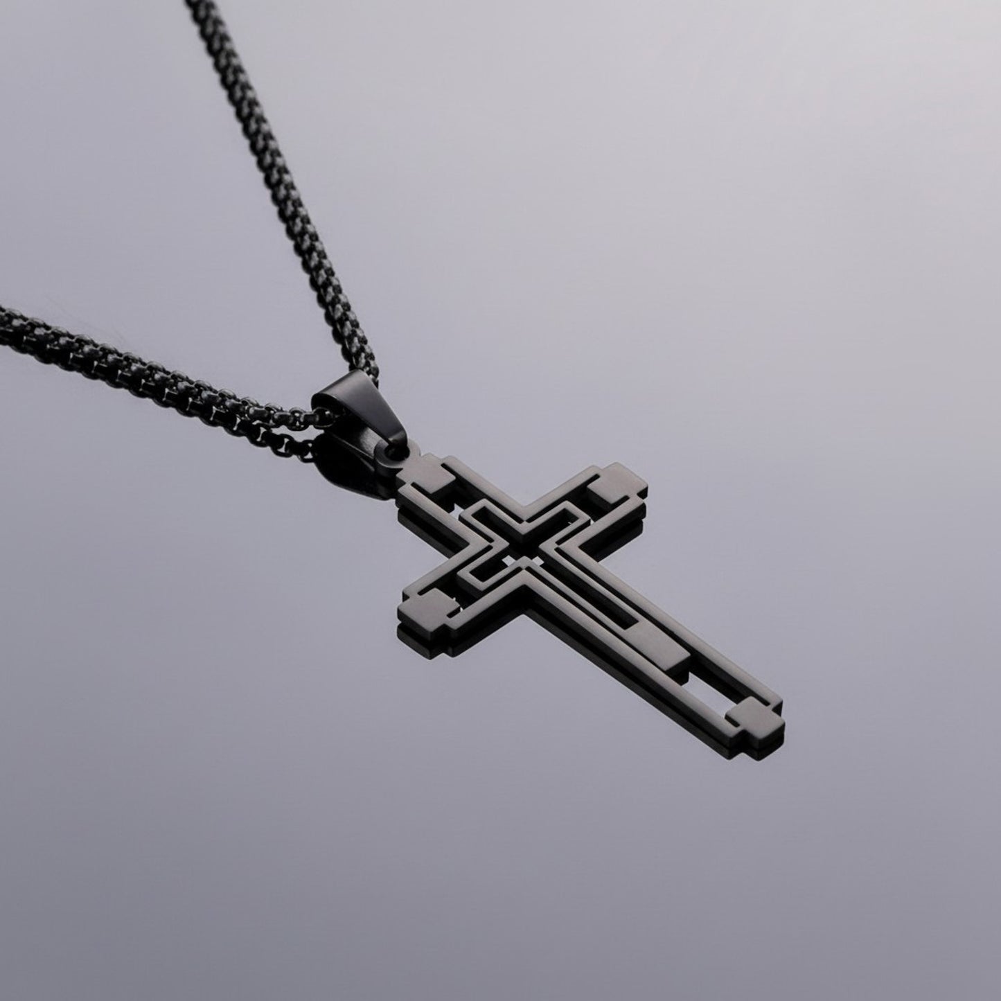 Halskette Kreuz Herren Schwarz modern 60 cm Edelstahl wasserfest hypoallergen rostfrei Karma