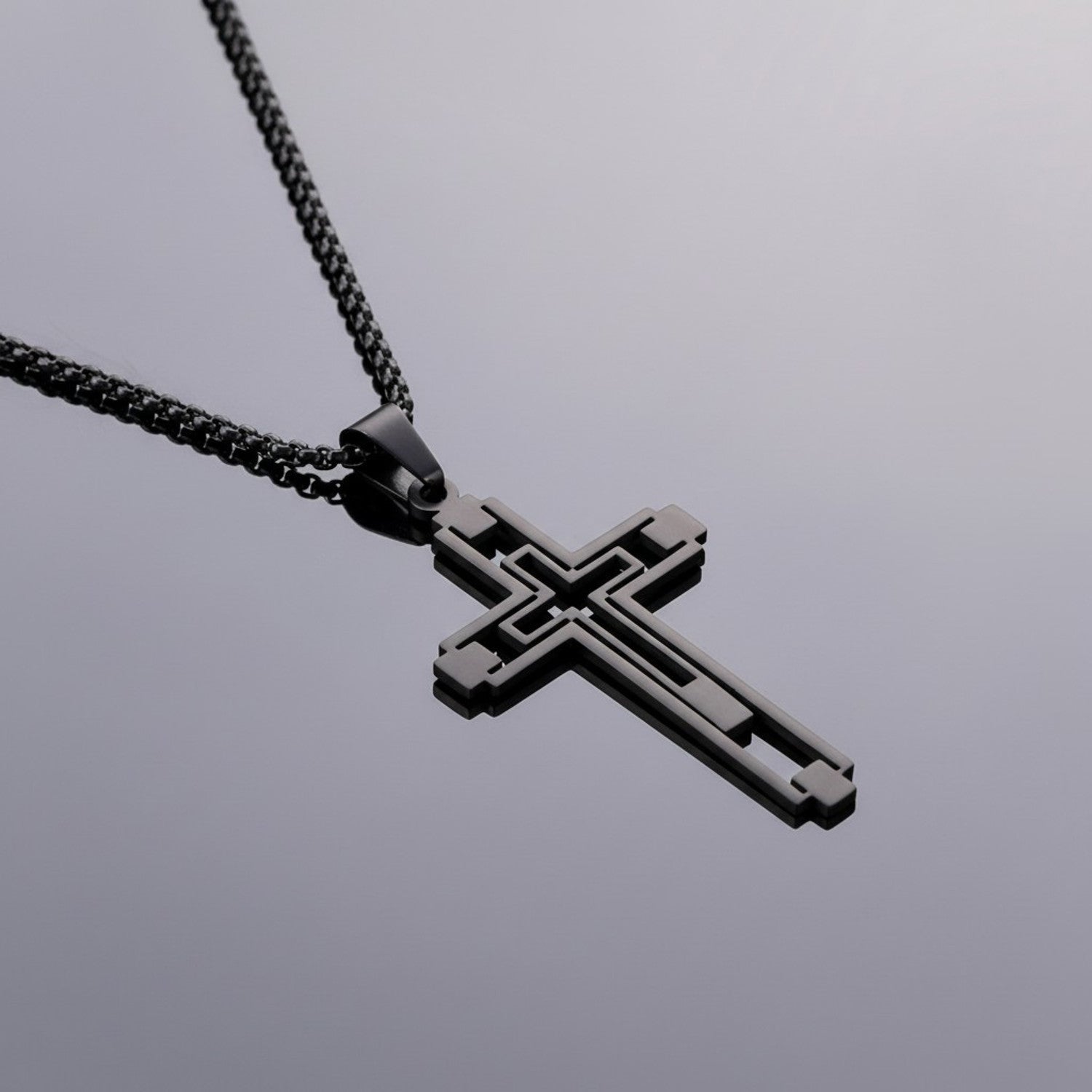 Halskette Kreuz Herren Schwarz modern 60 cm Edelstahl wasserfest hypoallergen rostfrei Karma