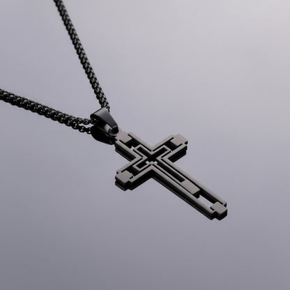 Halskette Kreuz Herren Schwarz modern 60 cm Edelstahl wasserfest hypoallergen rostfrei Karma