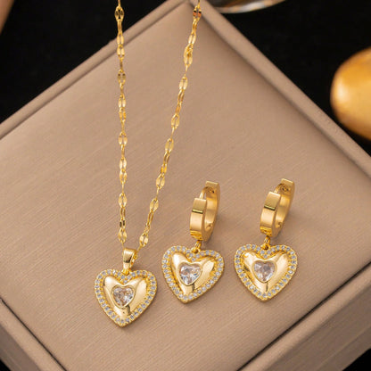 Schmuckset Herz Gold Halskette und Ohrringe Edelstahl Zirkone wasserfest hypoallergen rostfrei Karma