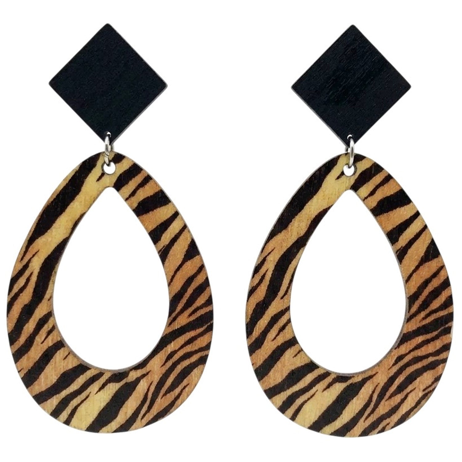 XL Statement Ohrringe Zebra Braun 7,5 cm modern Holz Metall Damen Ohrstecker Damenohrringe Karma