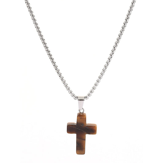 Halskette Kreuz Edelstahl Naturstein KARMA