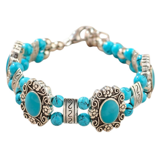 Damen Armband Vintage Boho Türkis Altsilber Metall Naturstein Karma