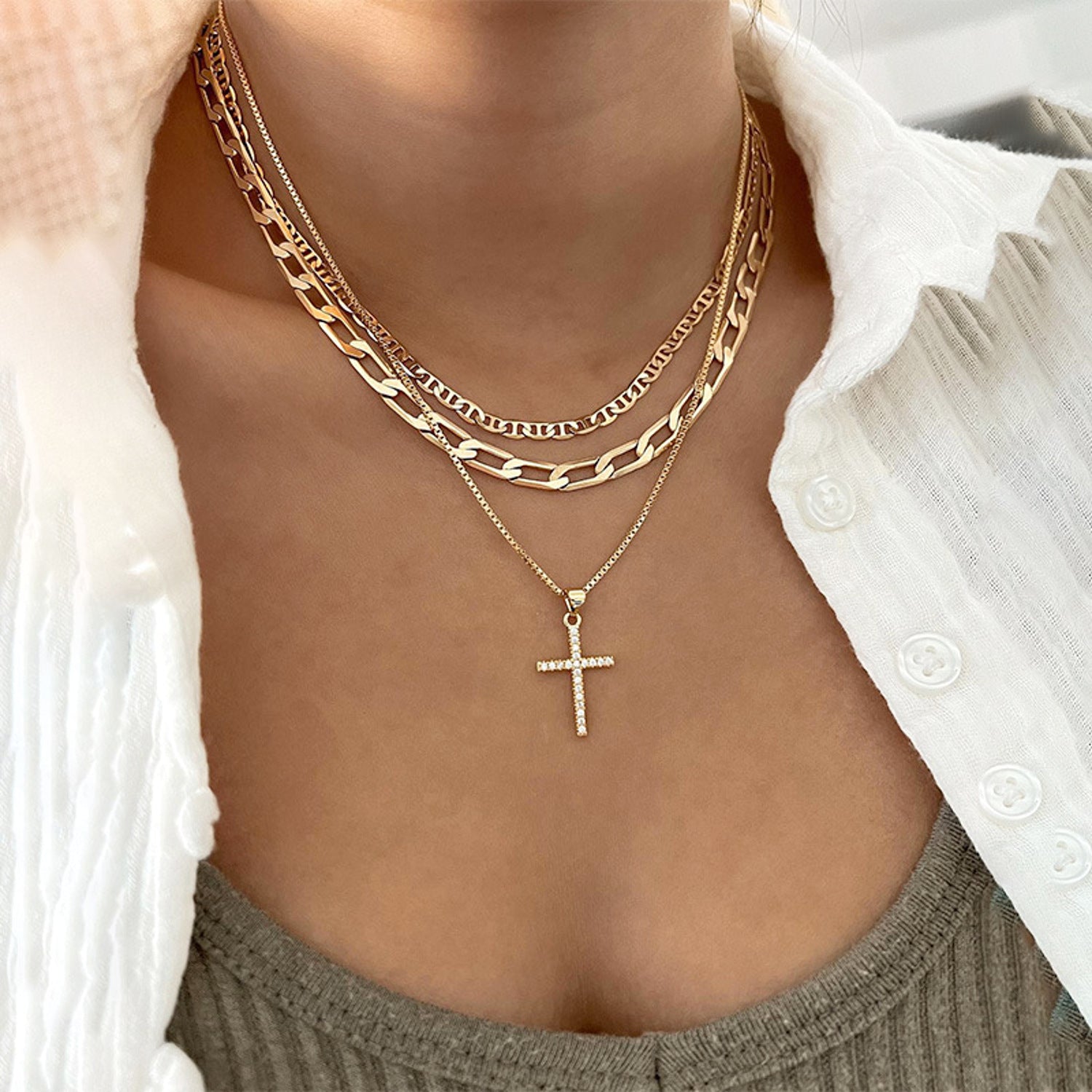 Layer Halskette Kreuz Gold Damen 40 cm modern Halskette Damenhalskette KARMA