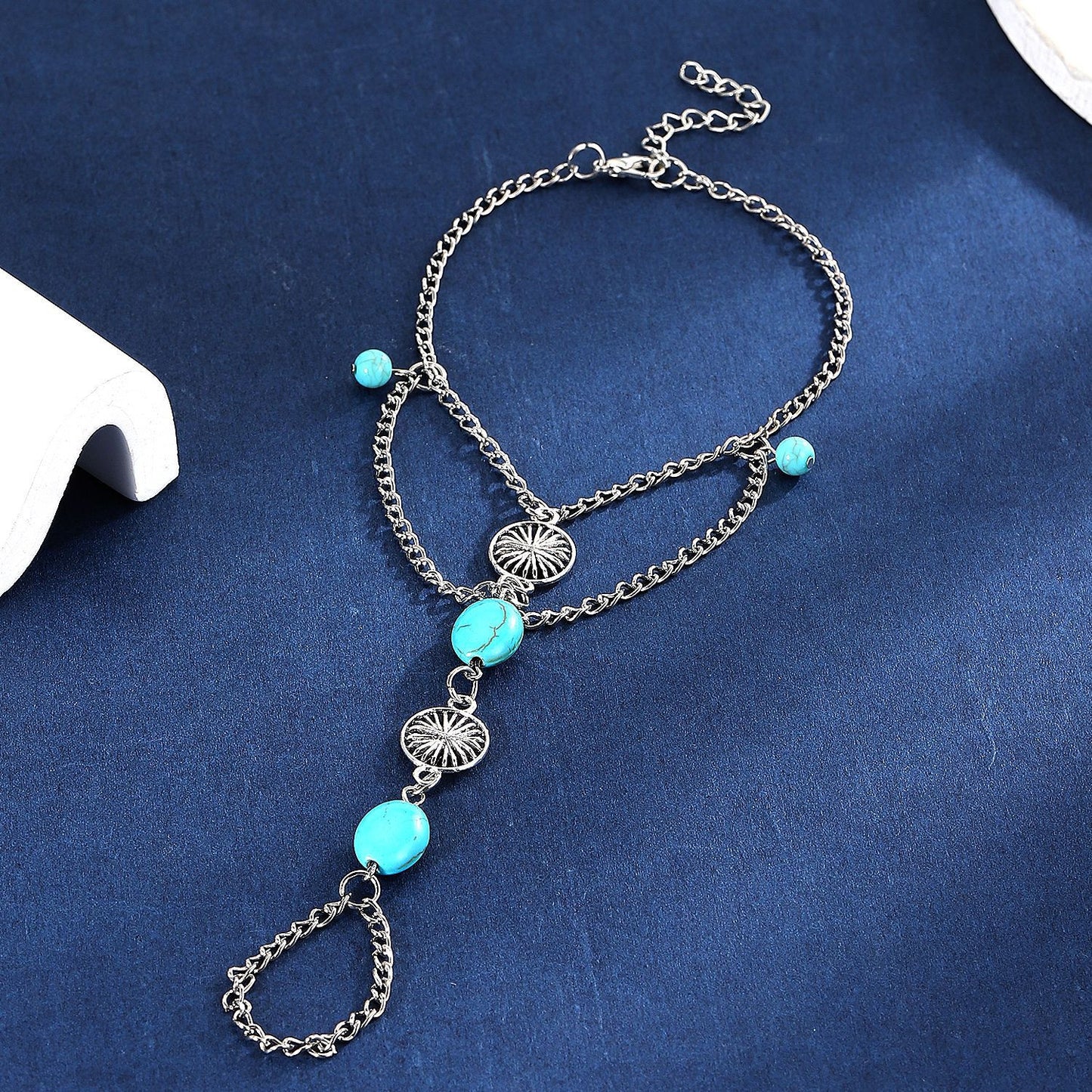 Fußkette mit Zehenring Silber Türkis verstellbares Fußkettchen Boho Karma