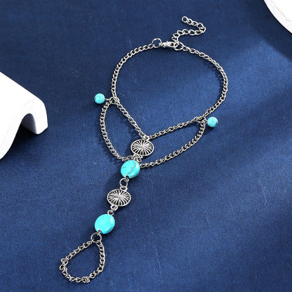Fußkette mit Zehenring Silber Türkis verstellbares Fußkettchen Boho Karma
