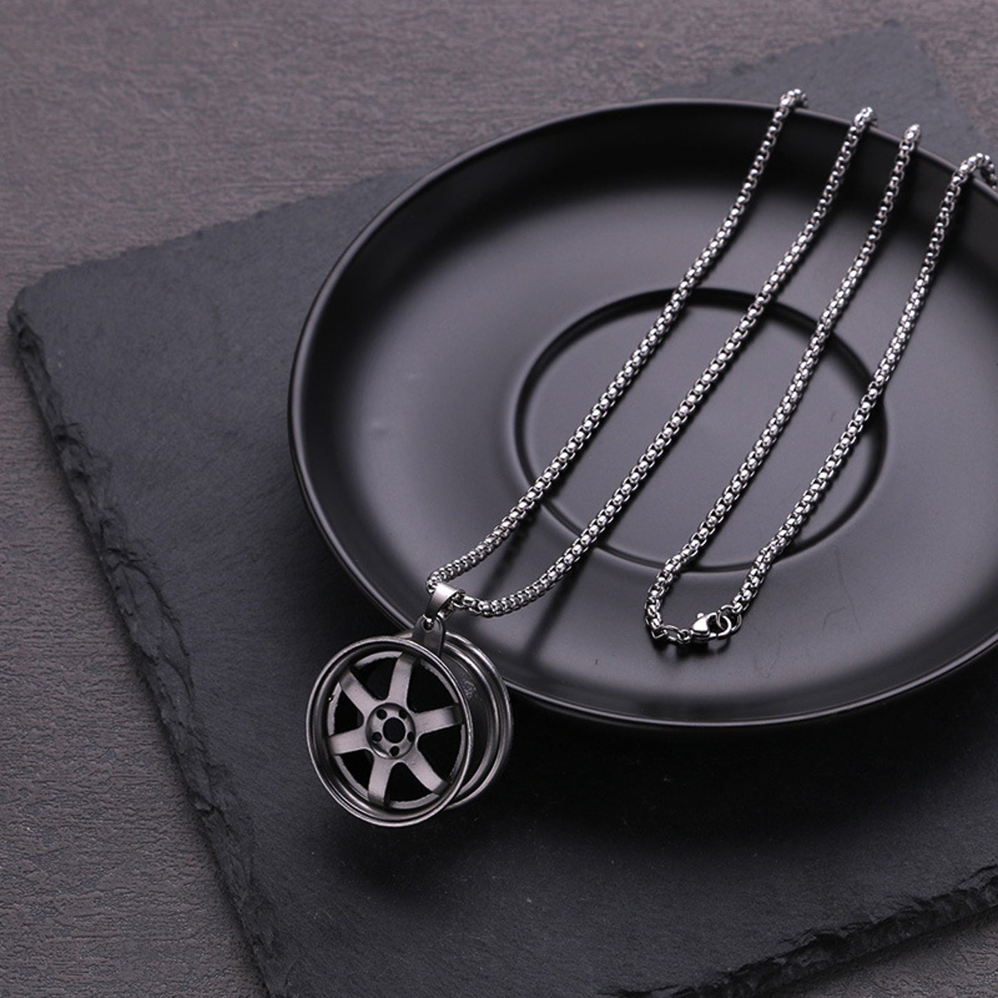 Kette Herren Felge Schwarz Silber Edelstahl 68 cm wasserfest hypoallergen Karma