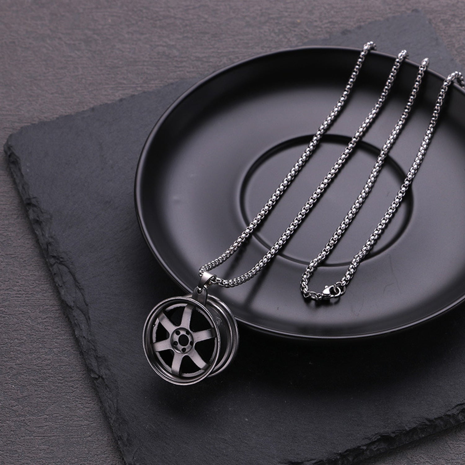 Kette Herren Felge Schwarz Silber Edelstahl 68 cm wasserfest hypoallergen Karma