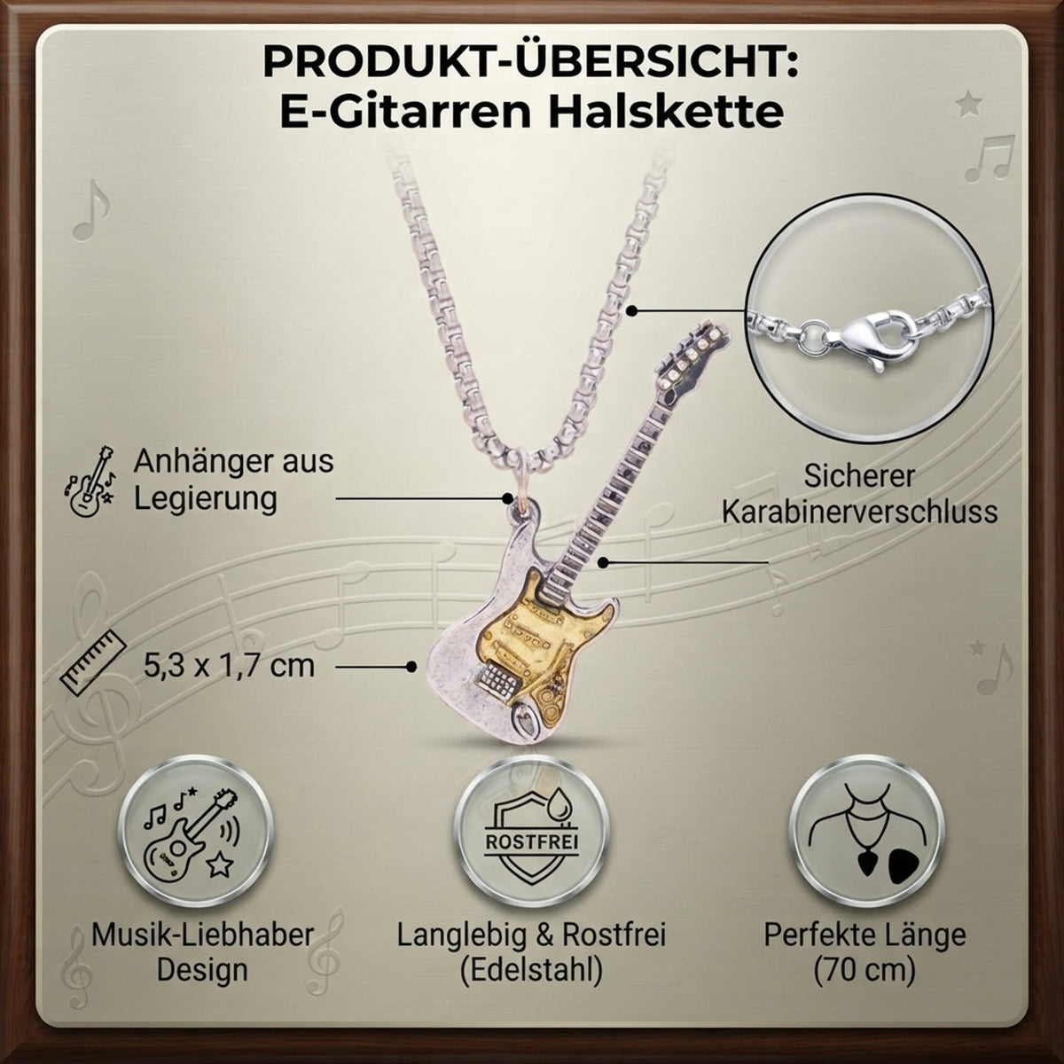 Halskette Herren Gitarre Silber Gold 70 cm Edelstahl Metall Kette rostfrei hypoallergen Karma
