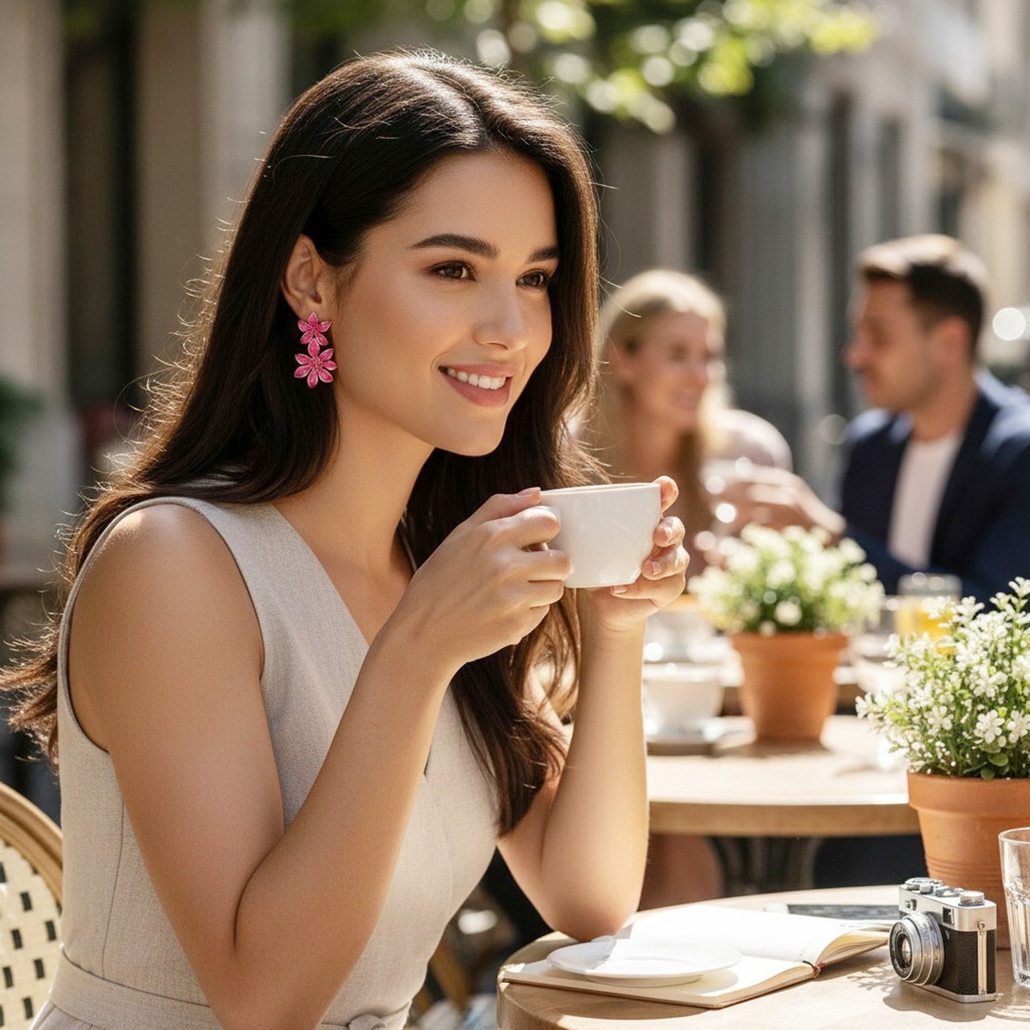 Bunte Ohrhänger Blumen Pink Damen 4 cm Ohrringe  Ohrstecker Karma