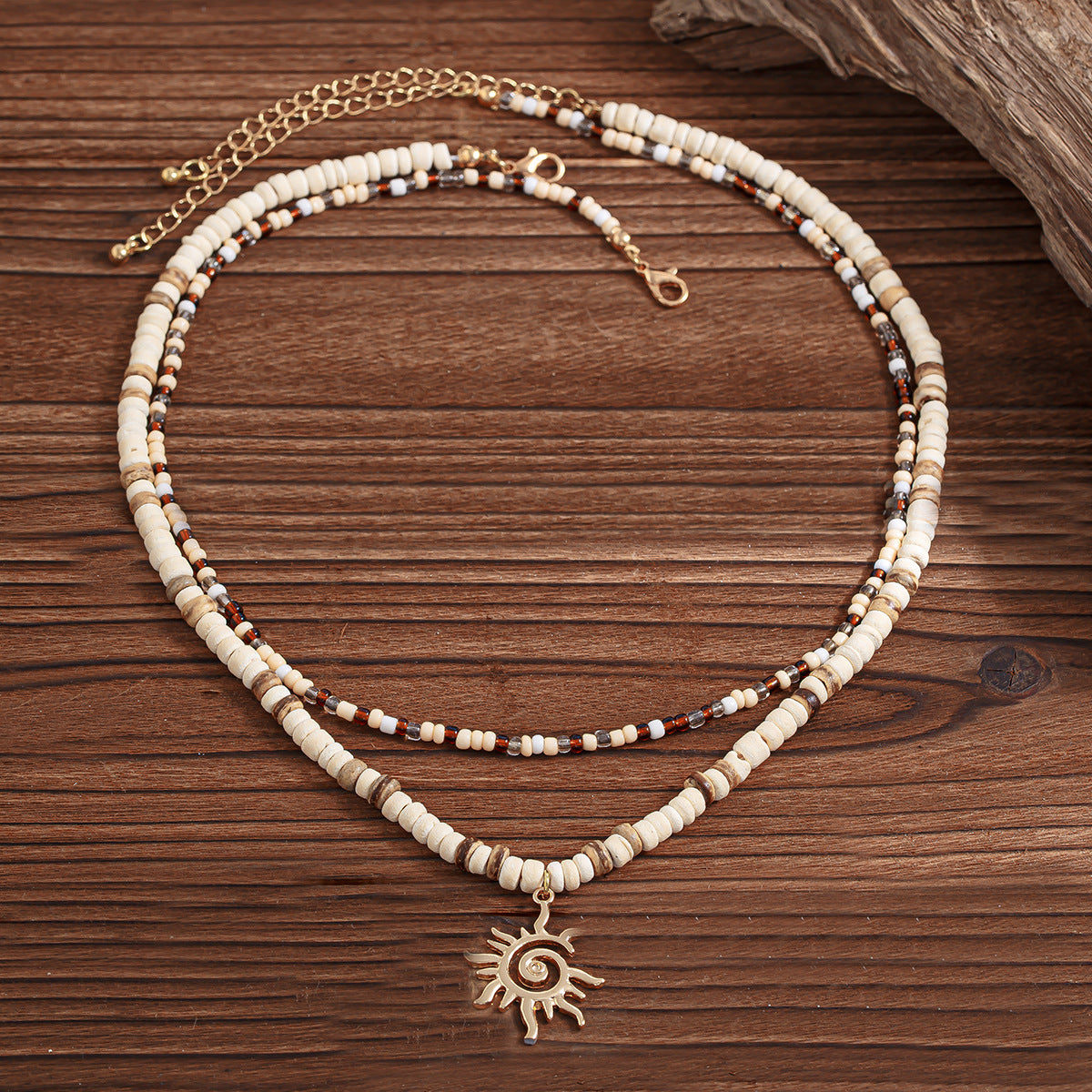 Ketten Set Damen Beige Gold Braun Perlenkette Halskette Kokosnuss Sonne Karma