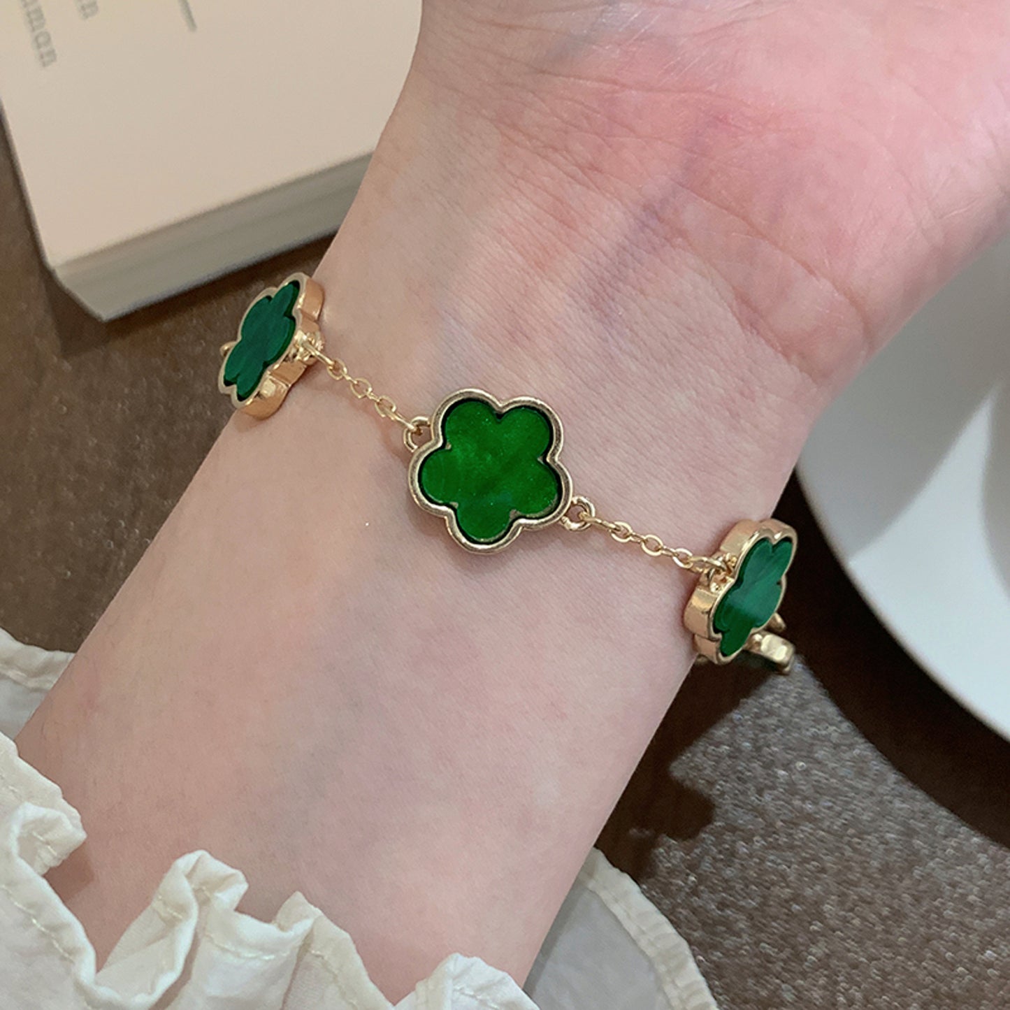 Armband Blume Gold Grün 17 cm Damenarmband Blumenarmband Karma