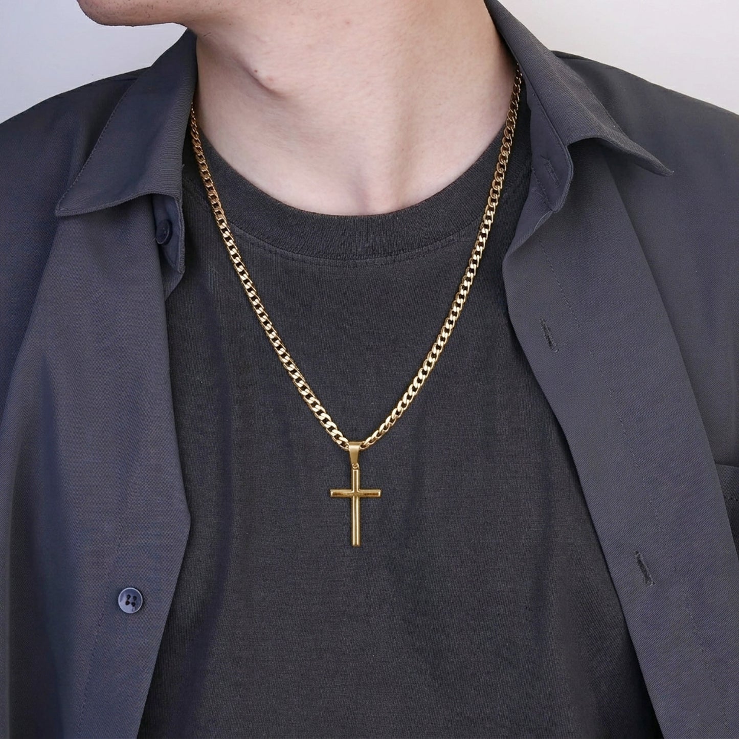Halskette Herren Kreuz Gold 59 cm Edelstahl wasserfest hypoallergen rostfrei Karma