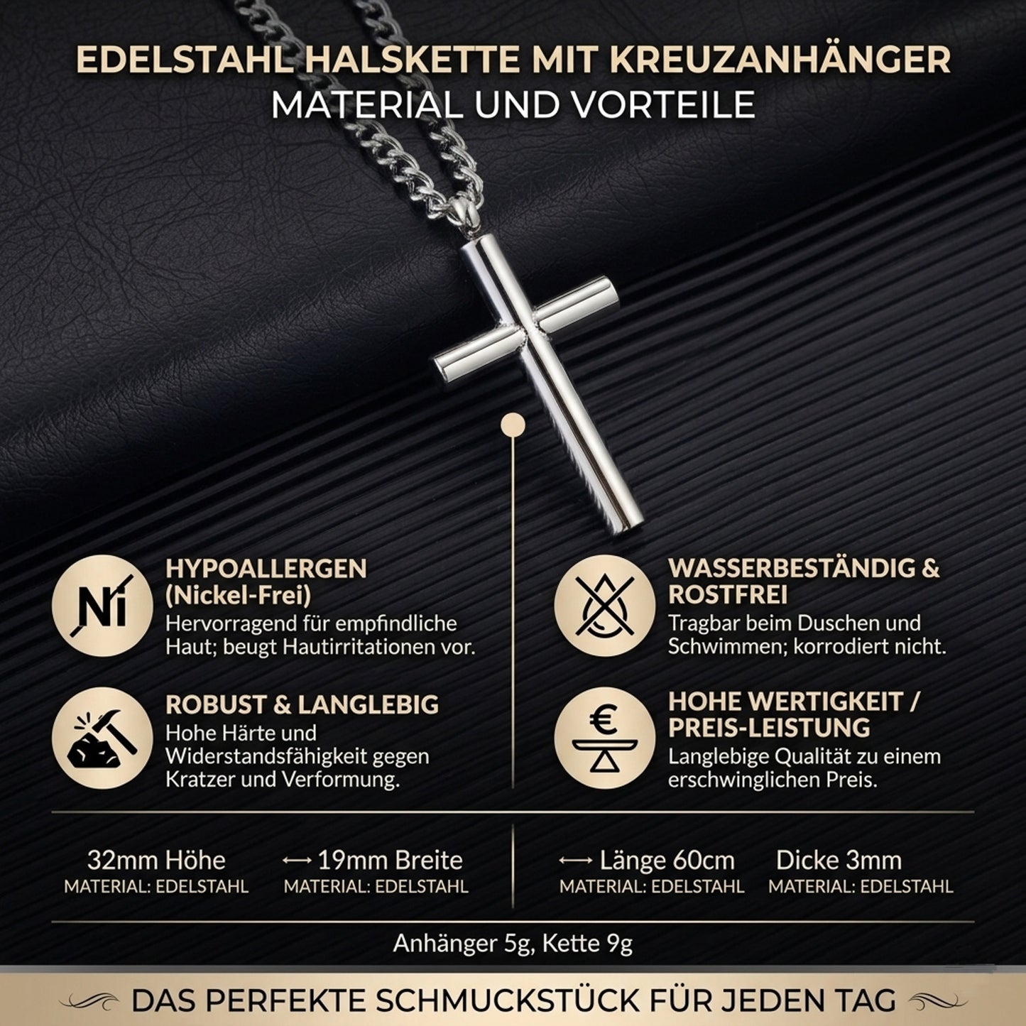 Halskette Herren Kreuz Silber 60 cm Edelstahl Kette wasserfest hypoallergen rostfrei Karma